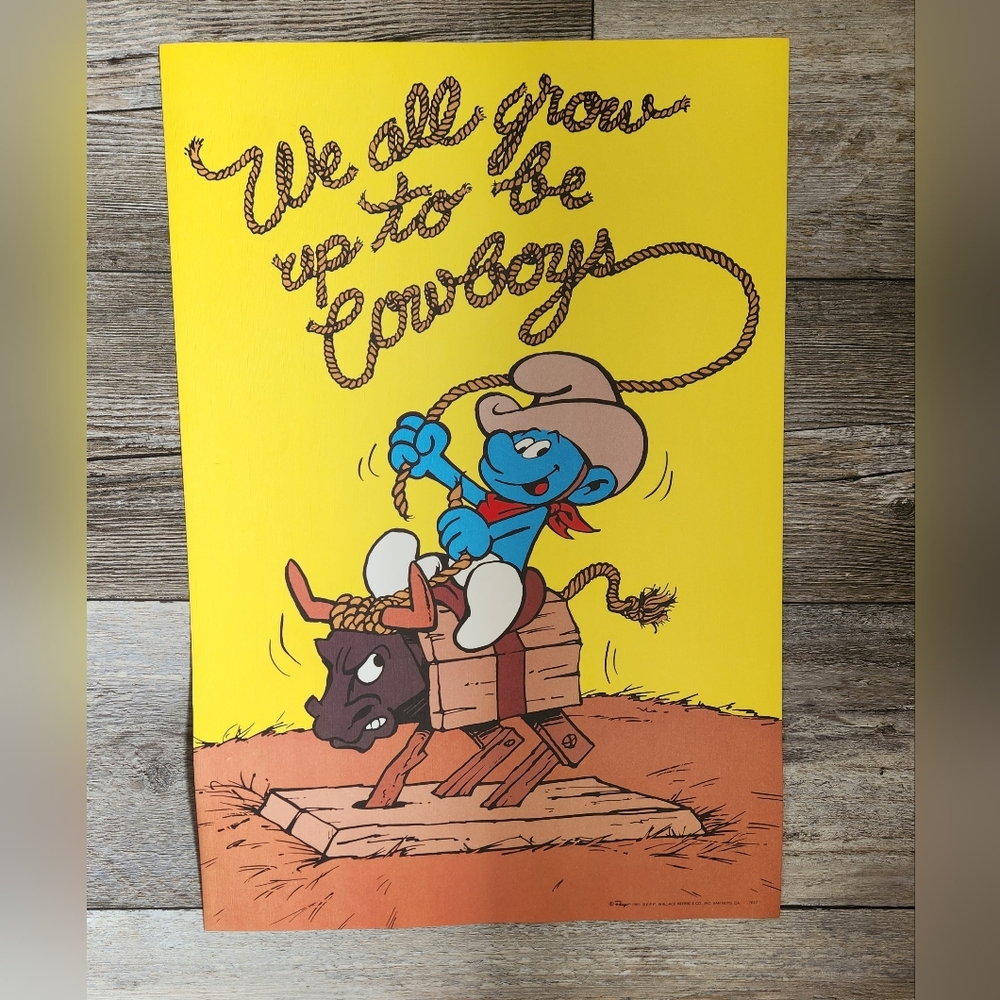 Vintage Peyo Smurf Poster We All Grow Up to Be Cowboys 1981 Wallace Berrie